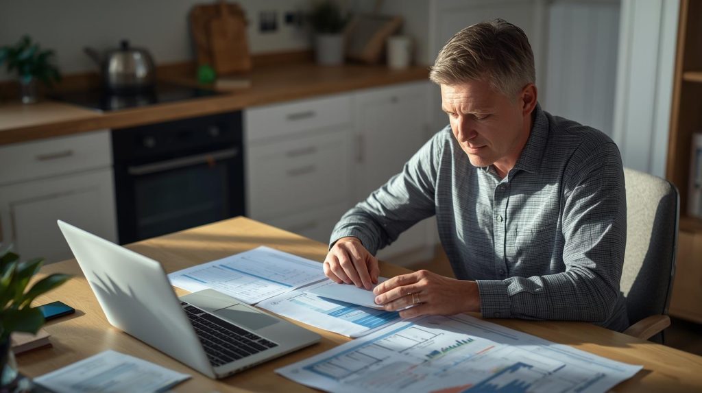 Pessoa analisando planilha financeira em um notebook enquanto organiza documentos para planejar a compra de um imóvel com segurança.