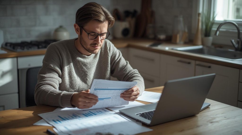 Pessoa concentrada planejando renda extra no computador, com planilhas abertas e celular na mão, simbolizando organização financeira e crescimento pessoal.