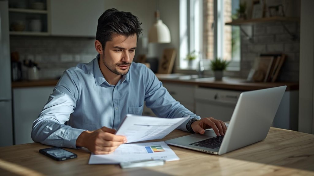 Pessoa organizando finanças pessoais em casa, analisando gastos no notebook e anotando despesas em uma planilha, representando controle financeiro e planejamento consciente.
